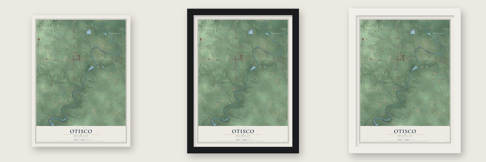 Otisco, Michigan map unframed, in a black wood frame and in a white wood frame
