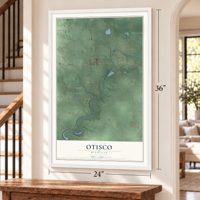 Otisco, Michigan map, 24 x 36 inch print in a white frame by a staircase
