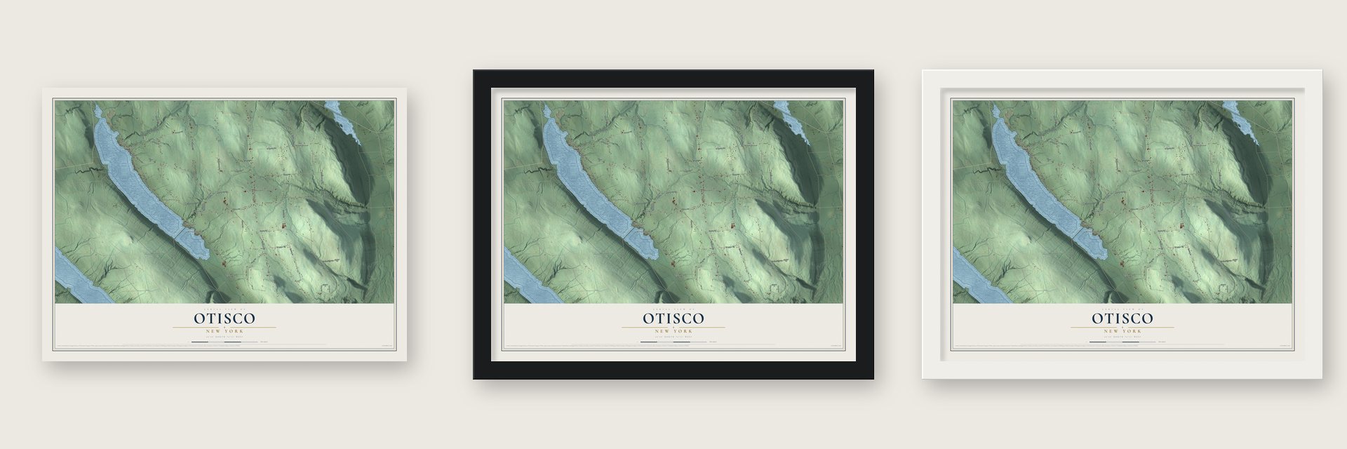 Otisco, New York map unframed, in a black wood frame and in a white wood frame