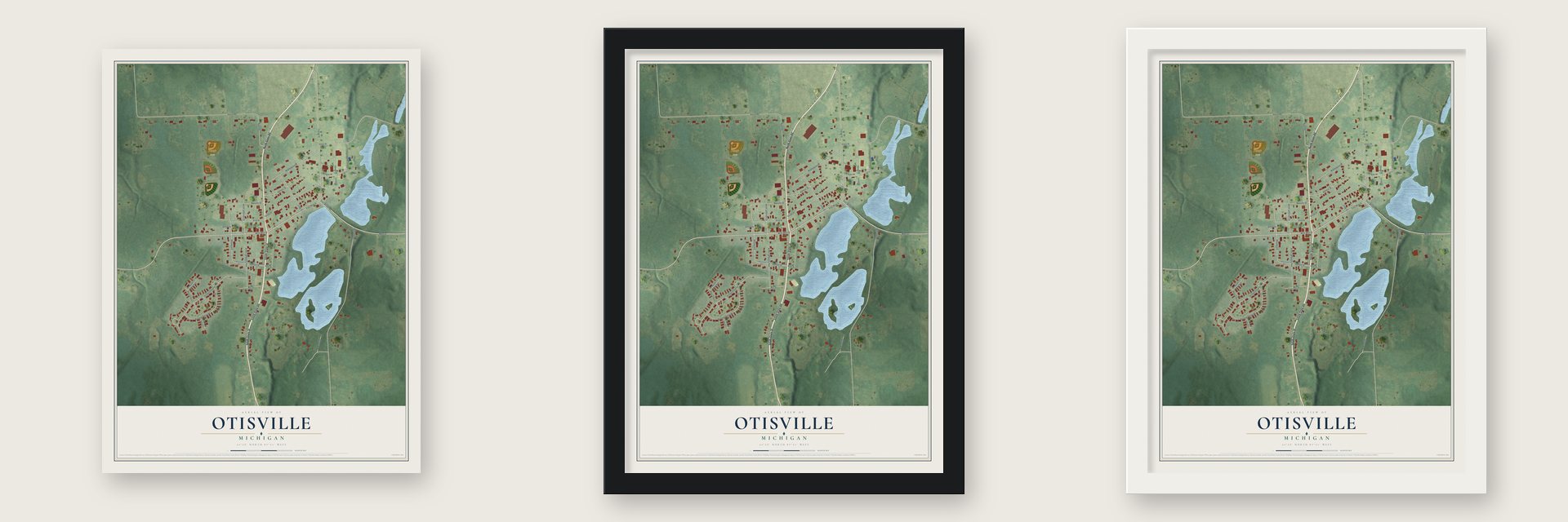 Otisville, Michigan map unframed, in a black wood frame and in a white wood frame