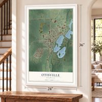 Otisville, Michigan map, 24 x 36 inch print in a white frame by a staircase