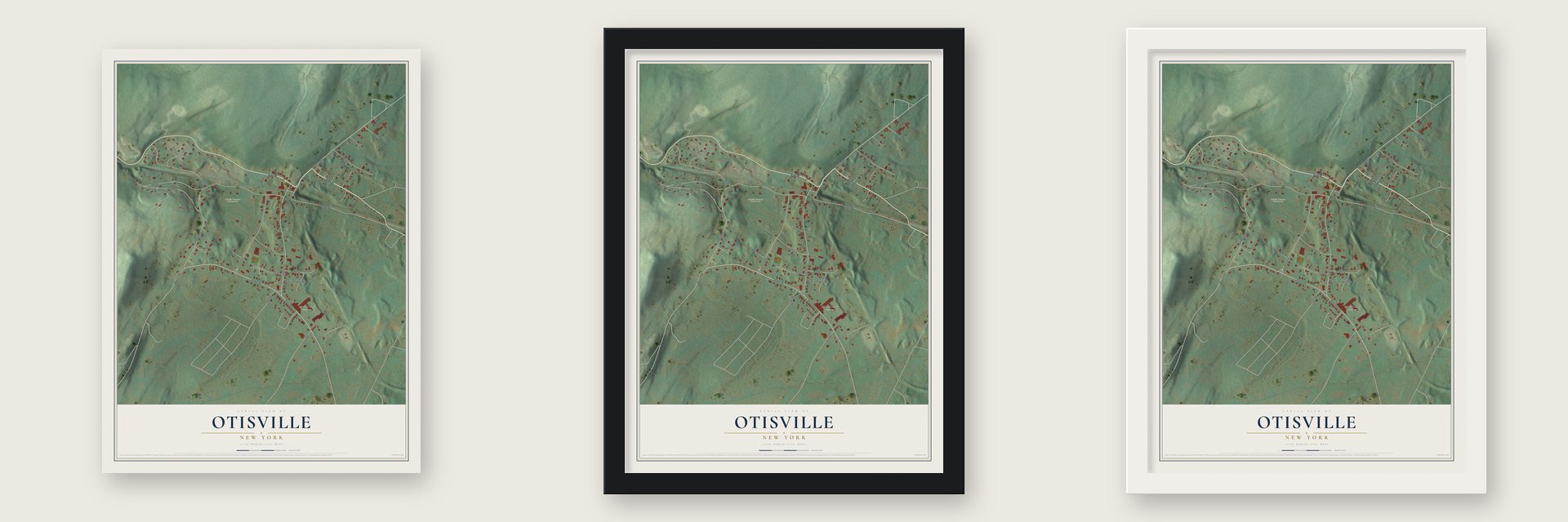 Otisville, New York map unframed, in a black wood frame and in a white wood frame