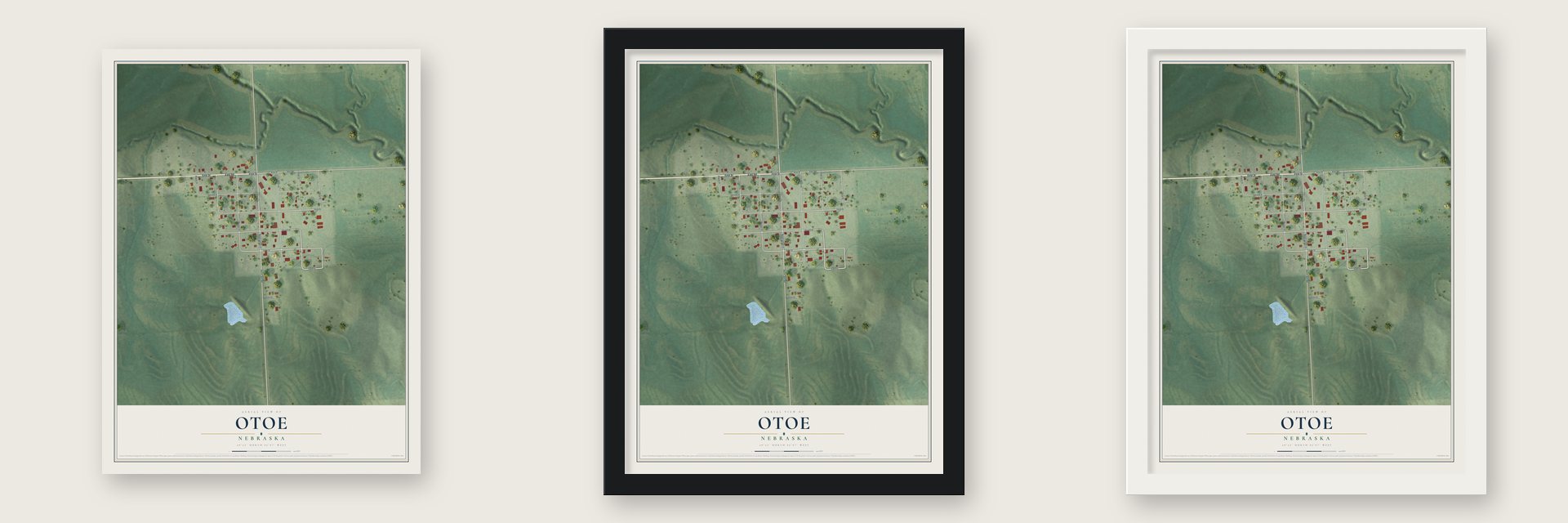 Otoe, Nebraska map unframed, in a black wood frame and in a white wood frame