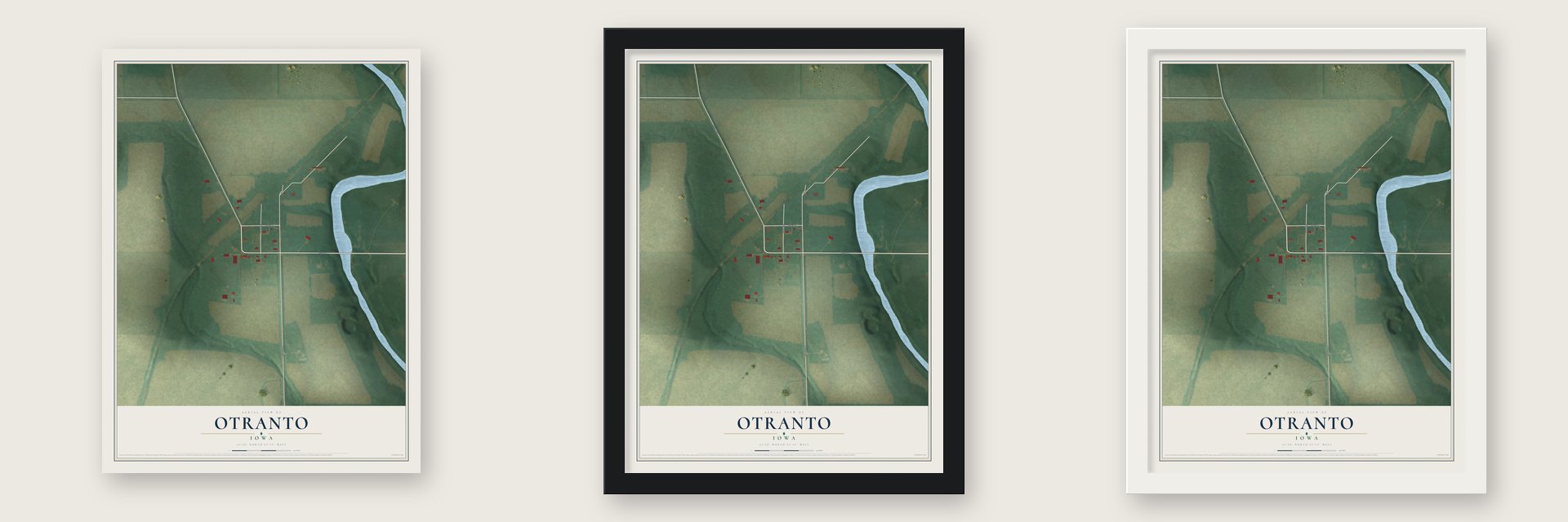 Otranto, Iowa map unframed, in a black wood frame and in a white wood frame