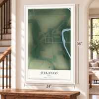 Otranto, Iowa map, 24 x 36 inch print in a white frame by a staircase