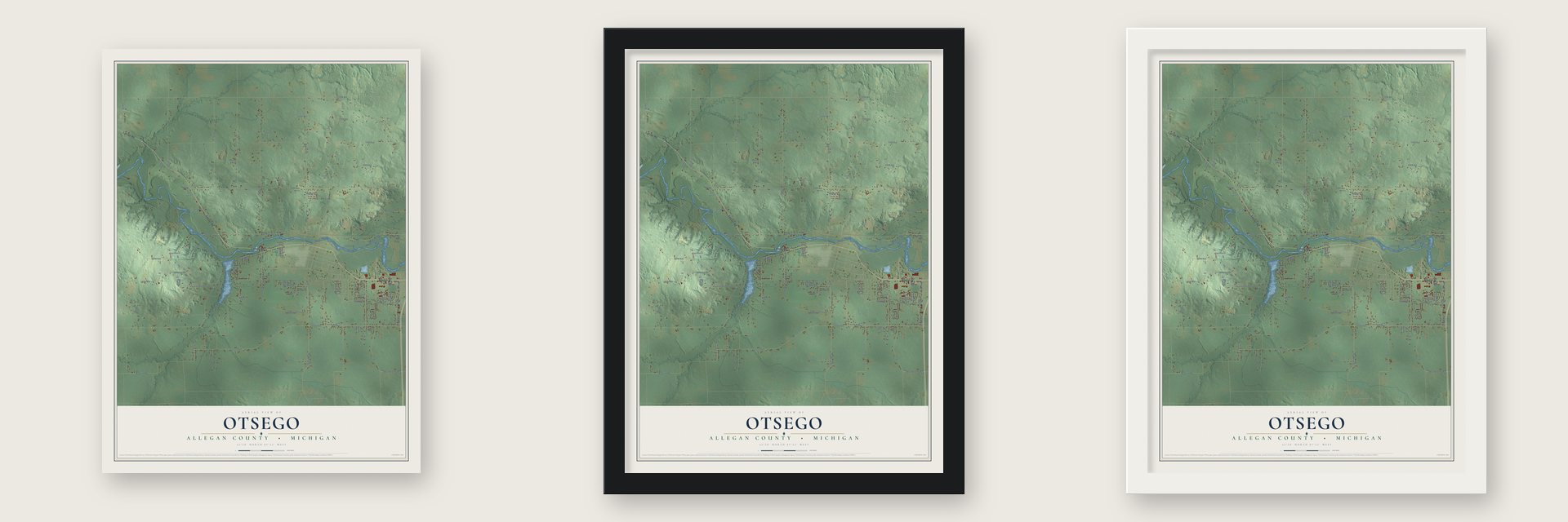 Otsego, Allegan County, Michigan map unframed, in a black wood frame and in a white wood frame
