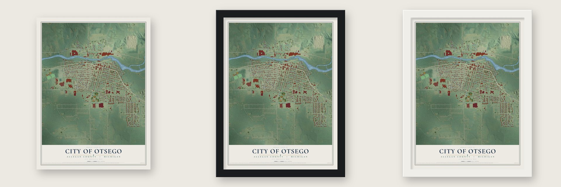 Otsego, Michigan map unframed, in a black wood frame and in a white wood frame