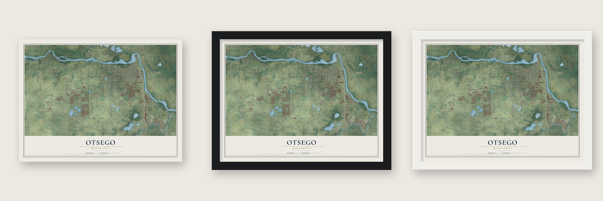 Otsego, Minnesota map unframed, in a black wood frame and in a white wood frame