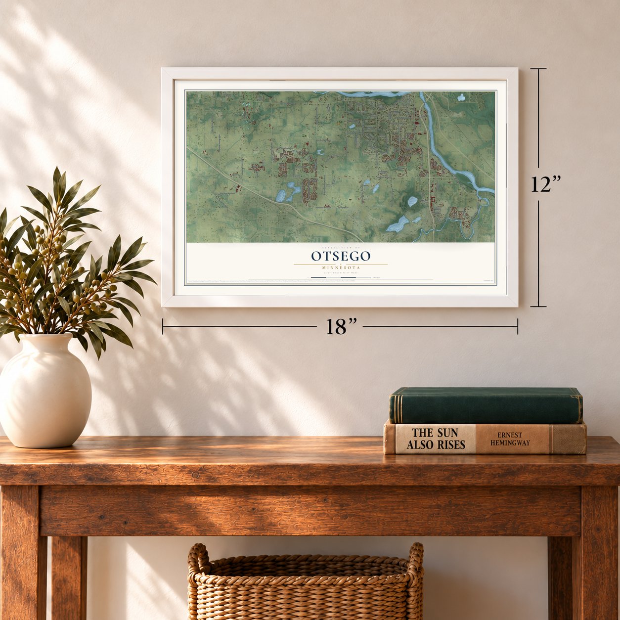 Otsego, Minnesota map, 12 x 18 inch print in a white frame in an entryway