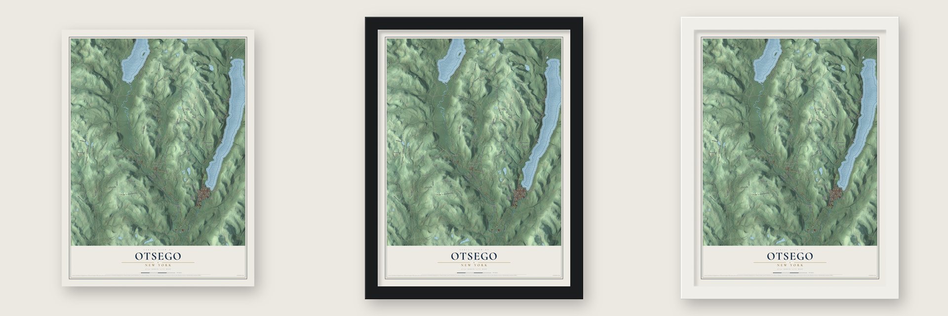 Otsego, New York map unframed, in a black wood frame and in a white wood frame