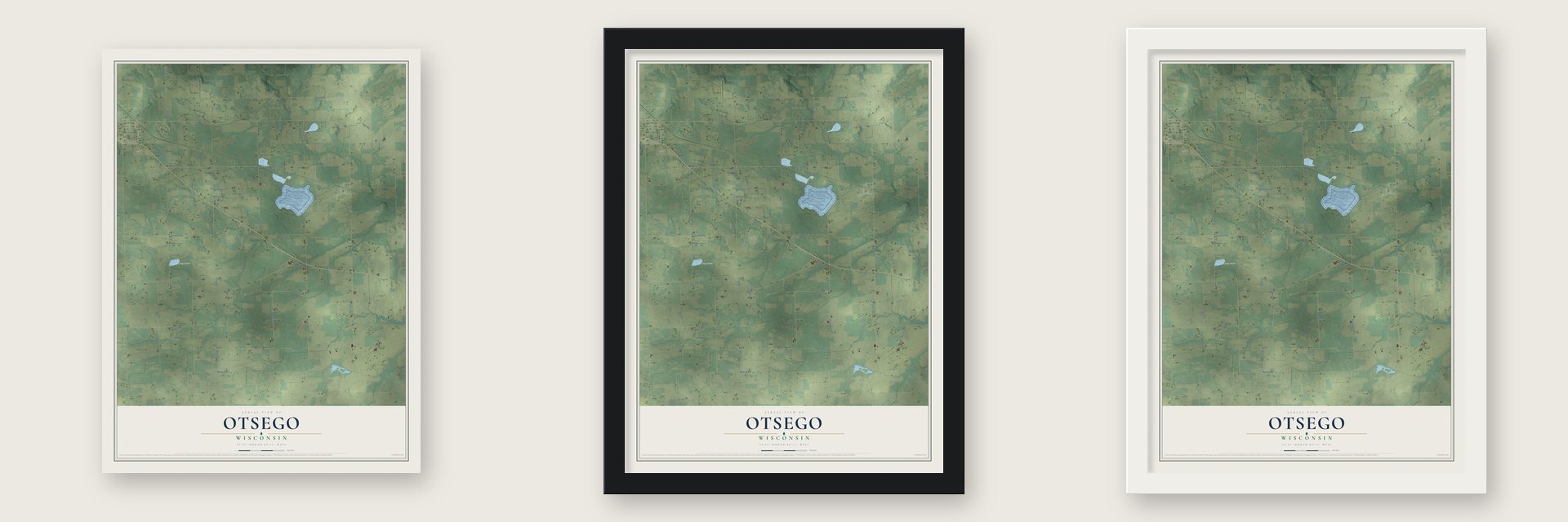 Otsego, Wisconsin map unframed, in a black wood frame and in a white wood frame