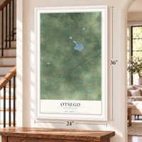 Otsego, Wisconsin map, 24 x 36 inch print in a white frame by a staircase