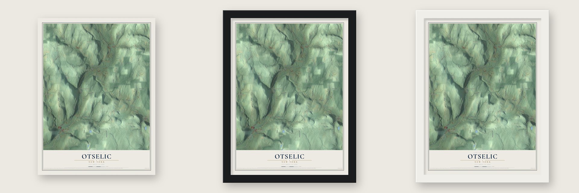 Otselic, New York map unframed, in a black wood frame and in a white wood frame