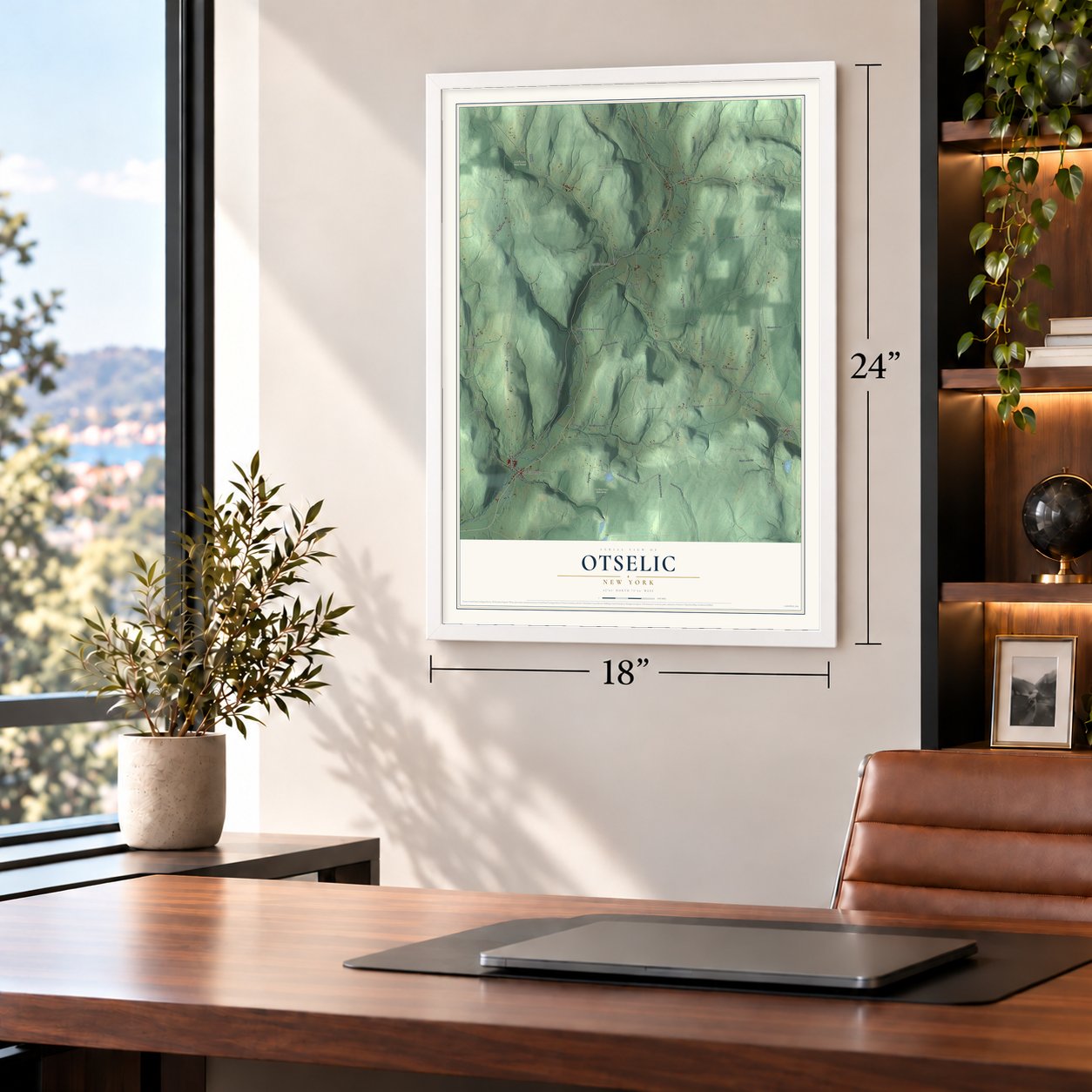 Otselic, New York map, 18 x 24 inch print in a white frame in a home office