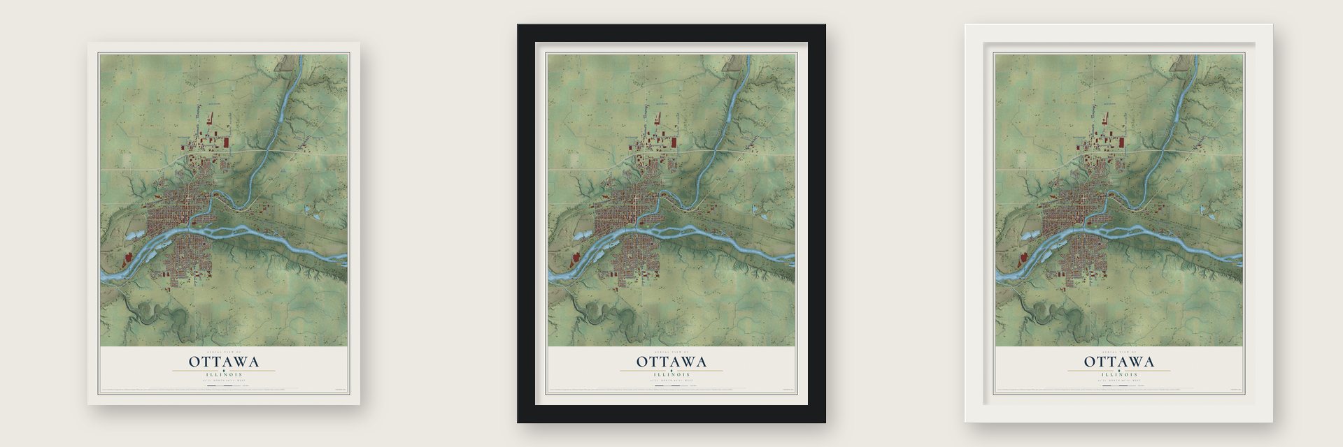 Ottawa, Illinois map unframed, in a black wood frame and in a white wood frame