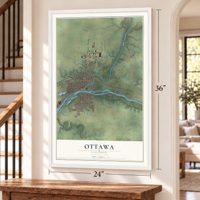 Ottawa, Illinois map, 24 x 36 inch print in a white frame by a staircase