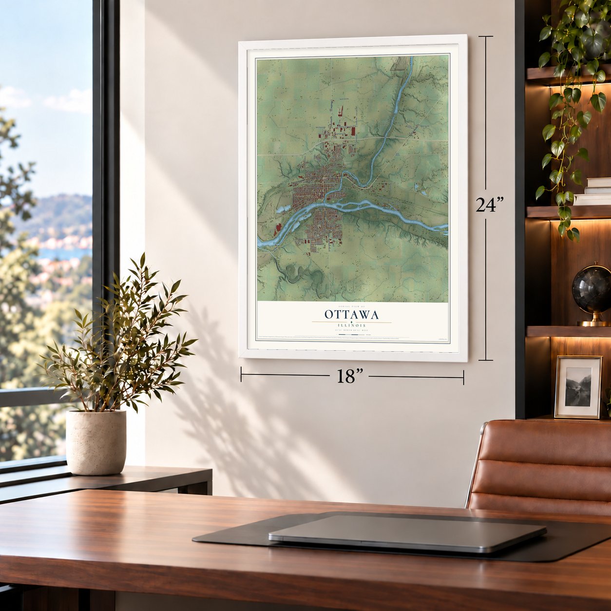 Ottawa, Illinois map, 18 x 24 inch print in a white frame in a home office