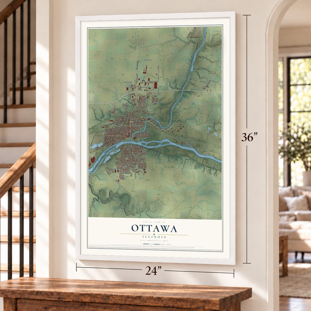 Ottawa, Illinois map, 24 x 36 inch print in a white frame by a staircase