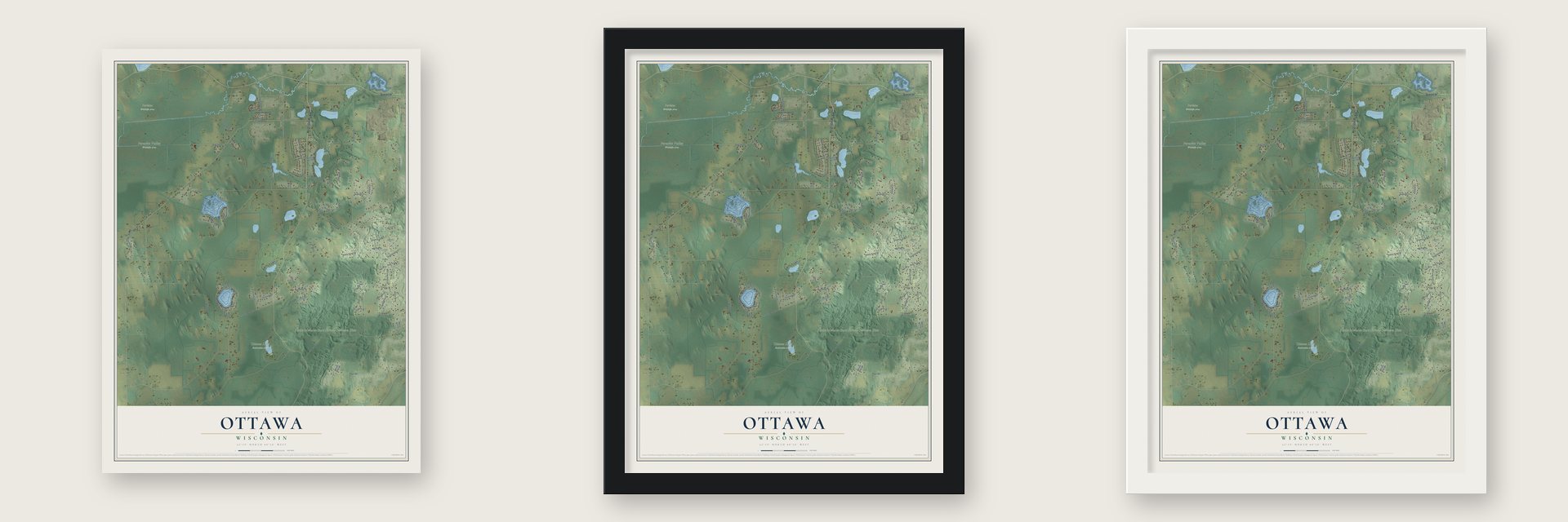 Ottawa, Wisconsin map unframed, in a black wood frame and in a white wood frame