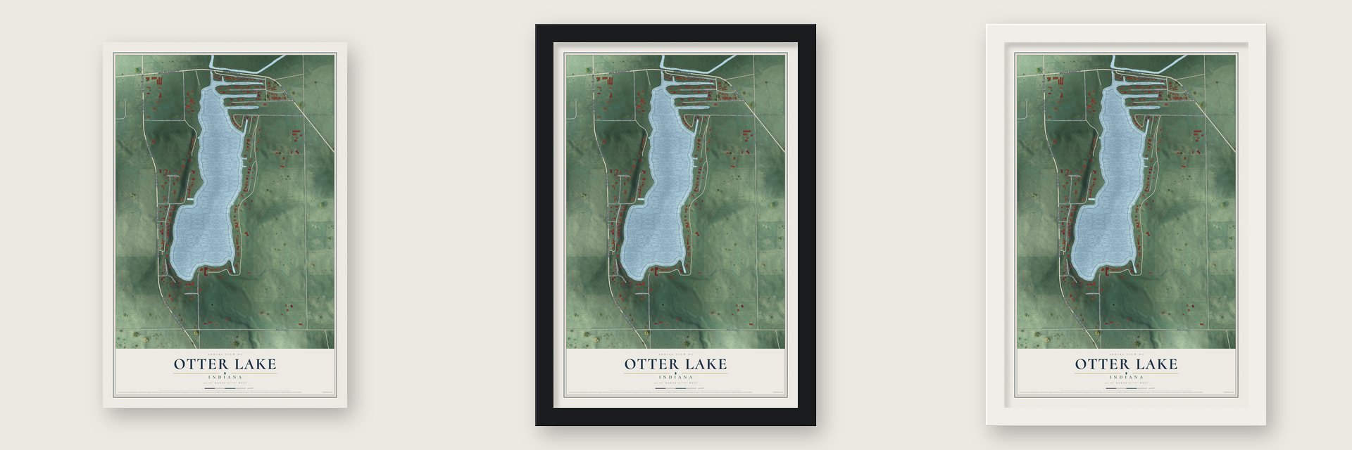 Otter Lake, Indiana map unframed, in a black wood frame and in a white wood frame
