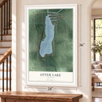 Otter Lake, Indiana map, 24 x 36 inch print in a white frame by a staircase