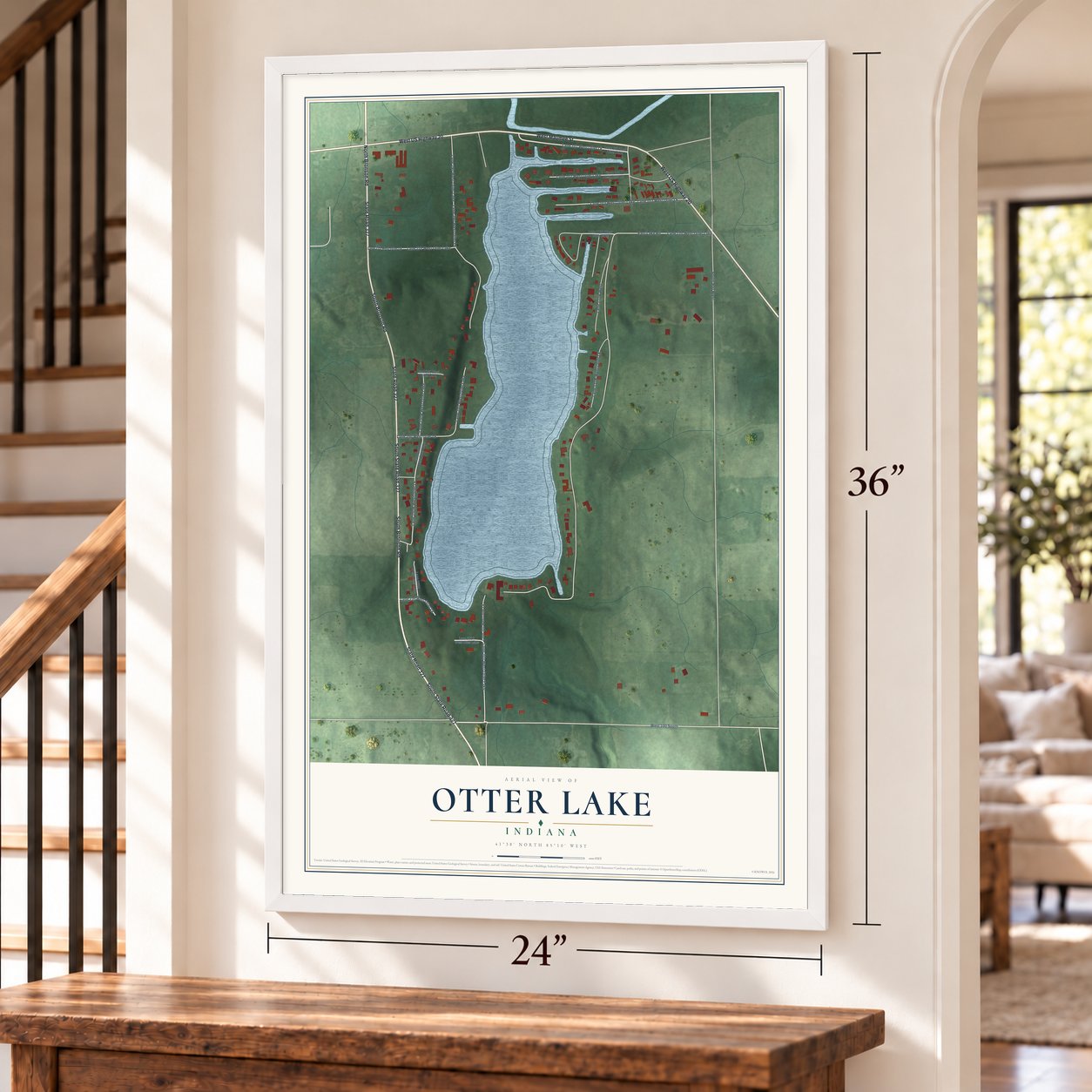 Otter Lake, Indiana map, 24 x 36 inch print in a white frame by a staircase