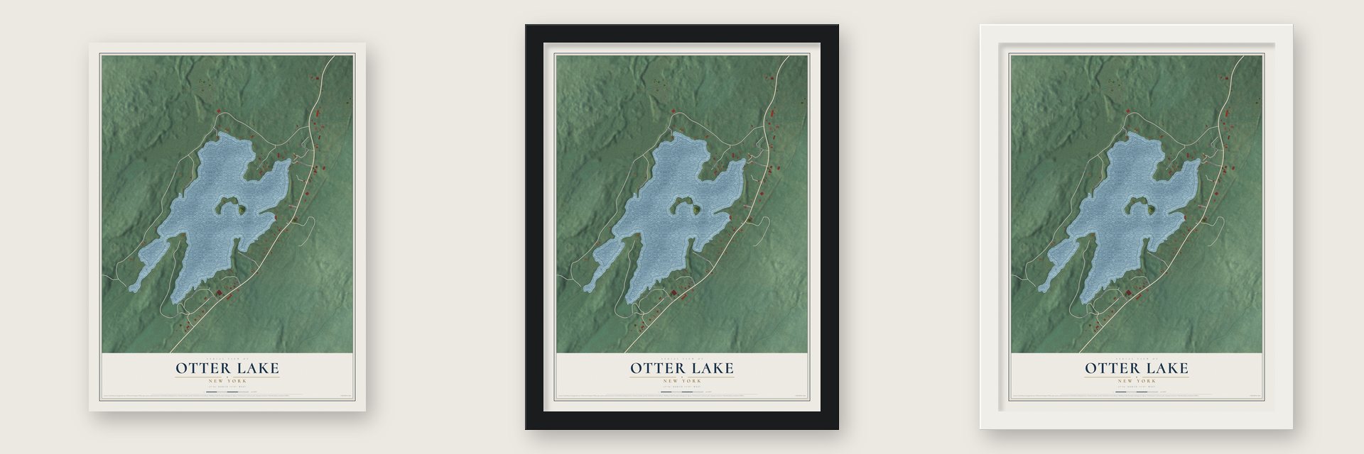 Otter Lake, New York map unframed, in a black wood frame and in a white wood frame