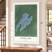 Otter Lake, New York map, 24 x 36 inch print in a white frame by a staircase