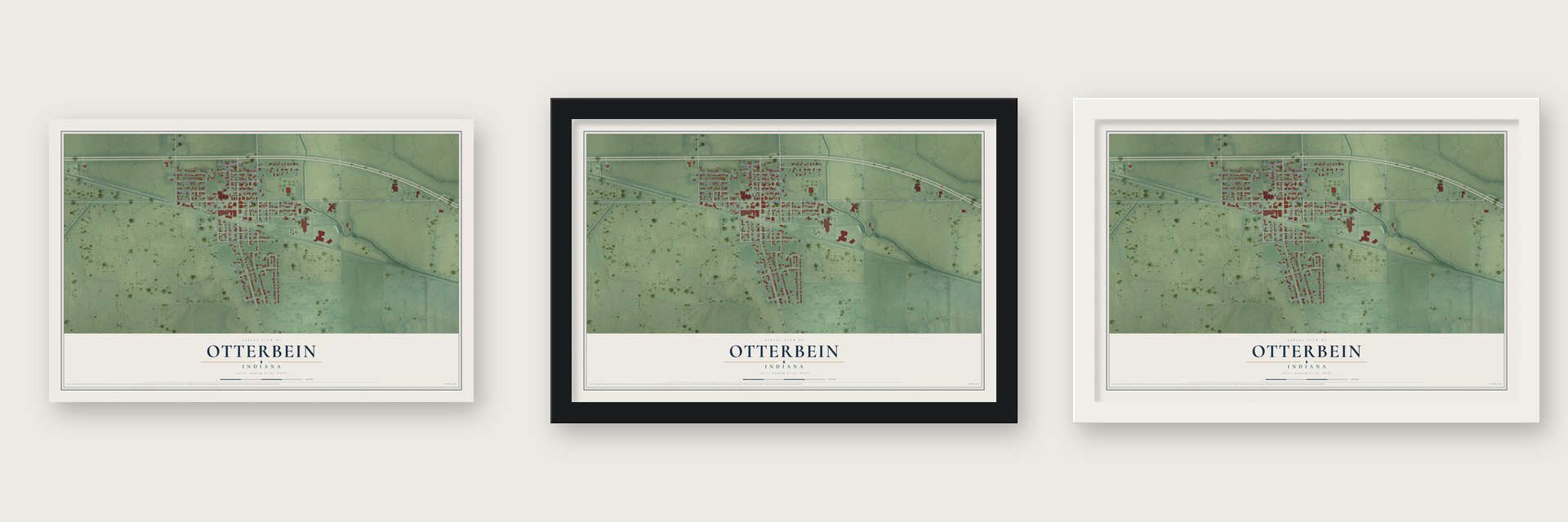 Otterbein, Indiana map unframed, in a black wood frame and in a white wood frame