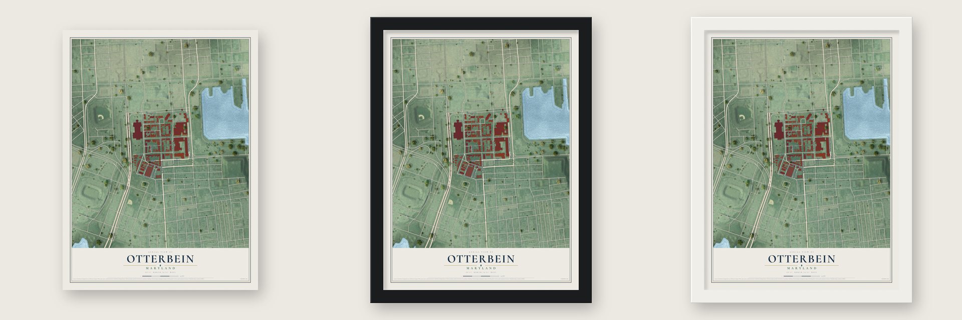 Otterbein, Maryland map unframed, in a black wood frame and in a white wood frame