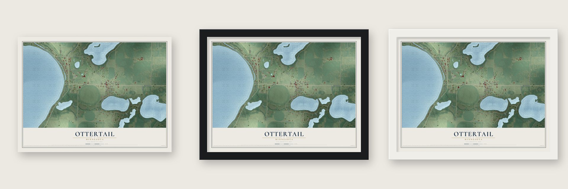 Ottertail, Minnesota map unframed, in a black wood frame and in a white wood frame