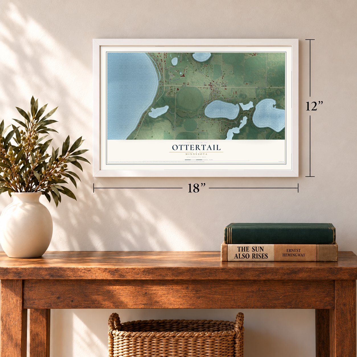 Ottertail, Minnesota map, 12 x 18 inch print in a white frame in an entryway