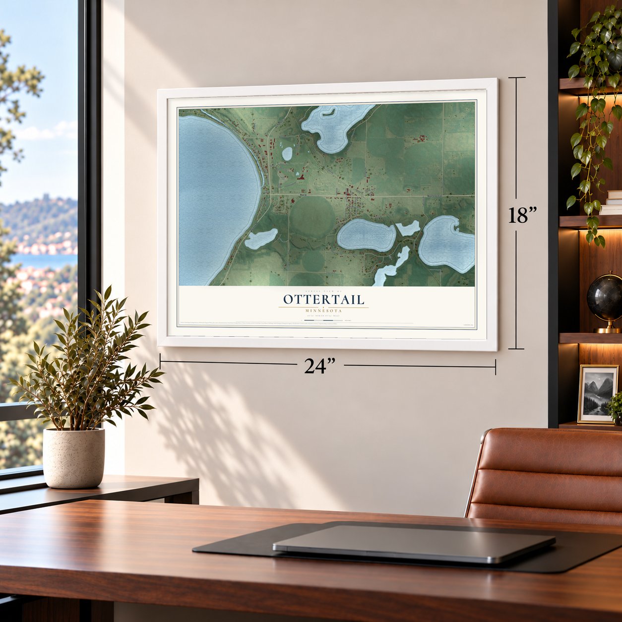 Ottertail, Minnesota map, 18 x 24 inch print in a white frame in a home office