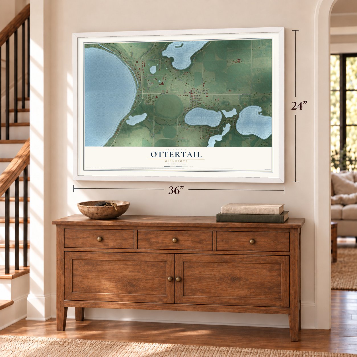 Ottertail, Minnesota map, 24 x 36 inch print in a white frame above a dresser by a staircase