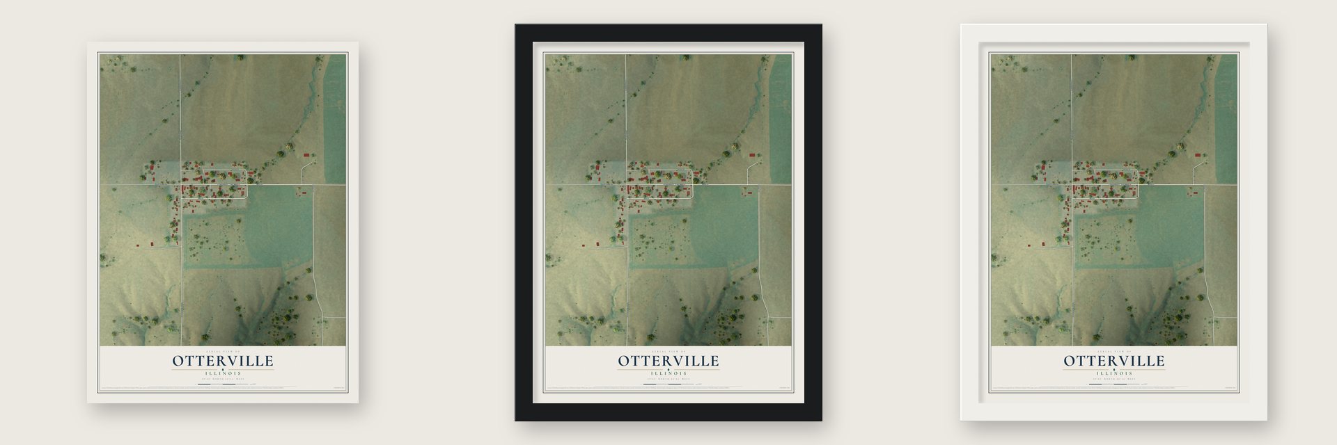 Otterville, Illinois map unframed, in a black wood frame and in a white wood frame