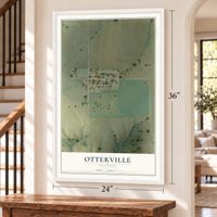 Otterville, Illinois map, 24 x 36 inch print in a white frame by a staircase
