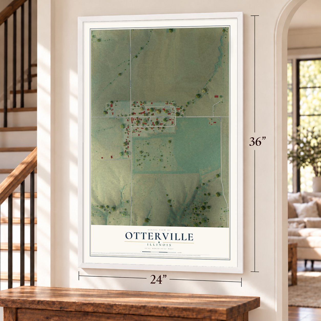 Otterville, Illinois map, 24 x 36 inch print in a white frame by a staircase