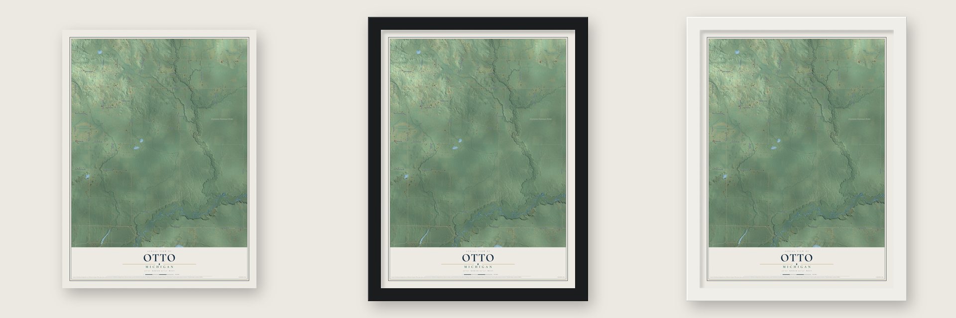 Otto, Michigan map unframed, in a black wood frame and in a white wood frame