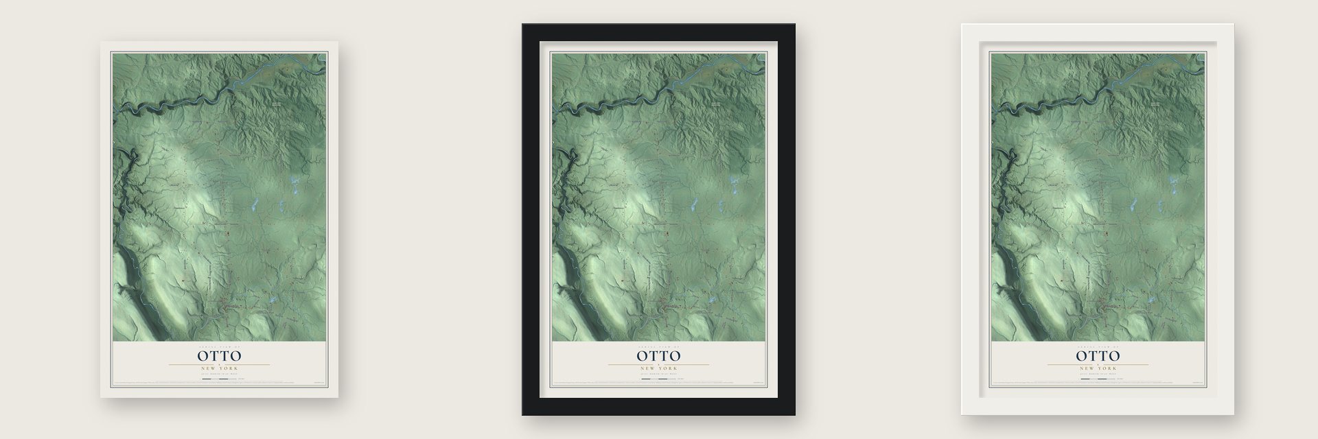 Otto, New York map unframed, in a black wood frame and in a white wood frame