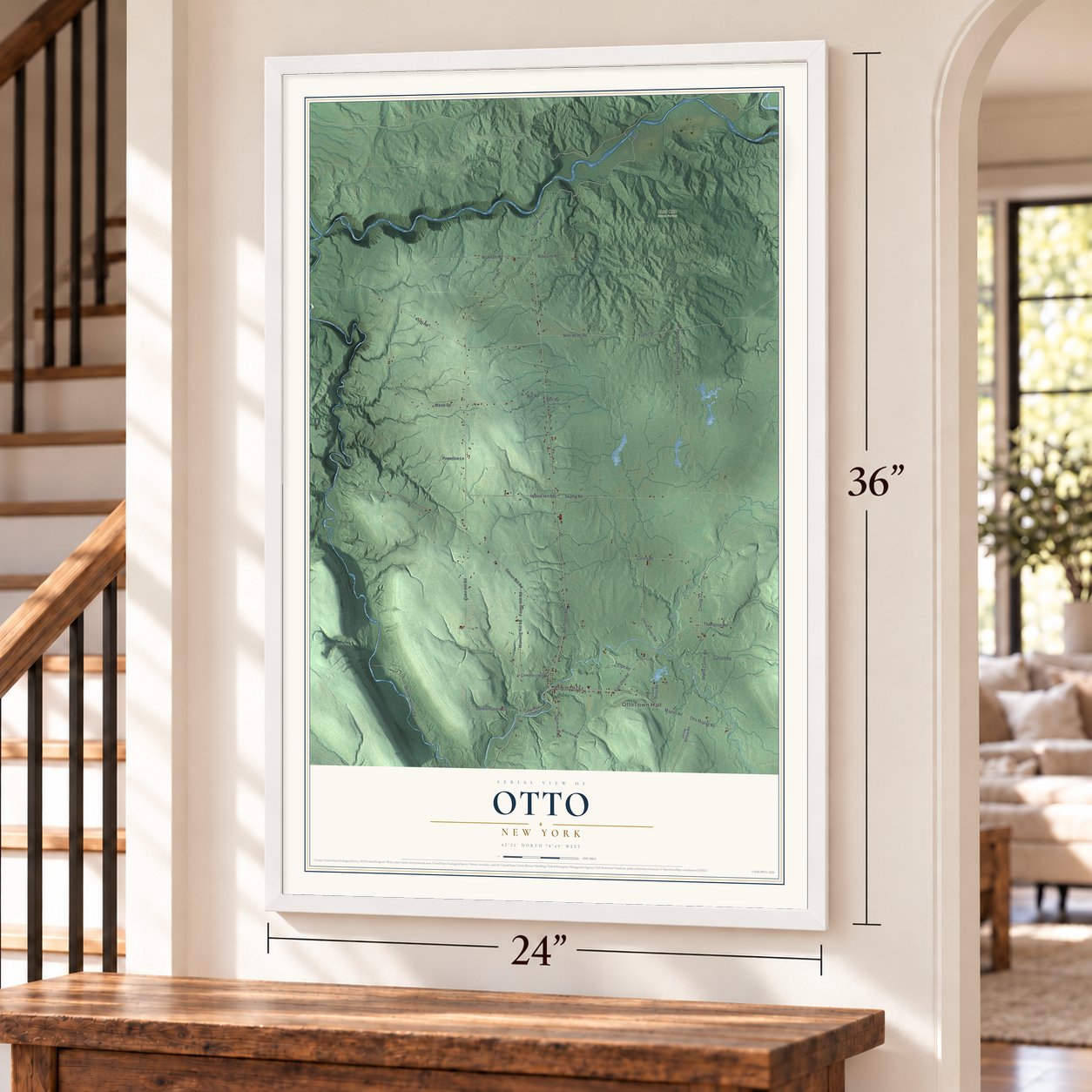 Otto, New York map, 24 x 36 inch print in a white frame by a staircase