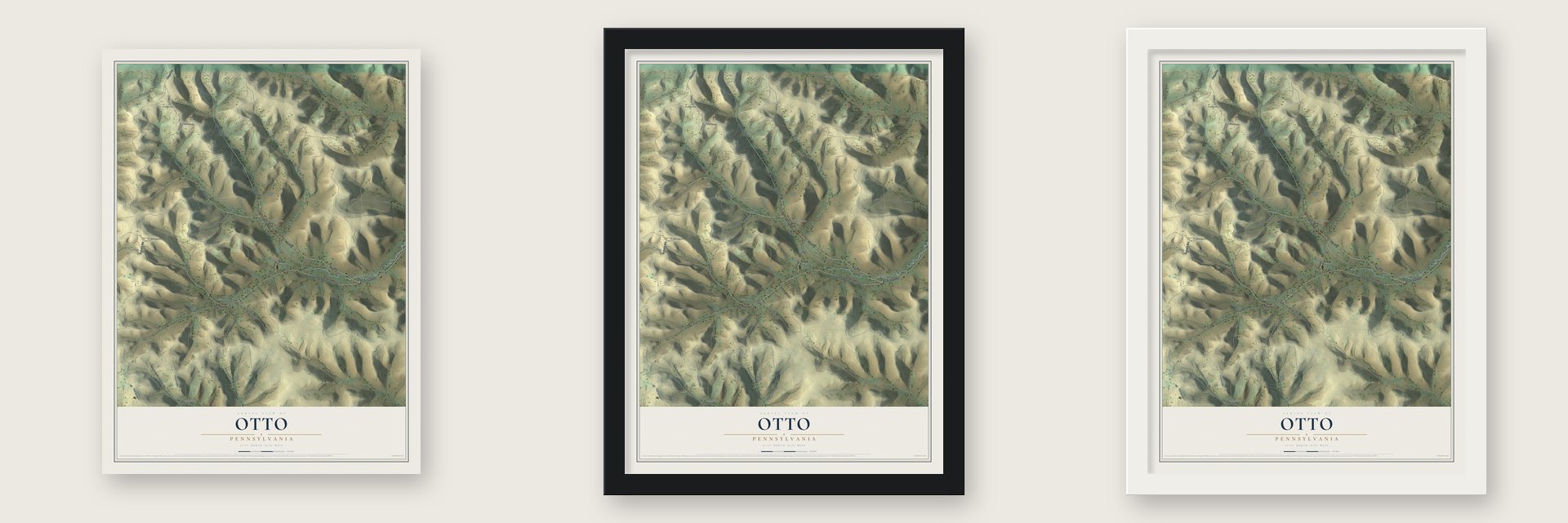 Otto, Pennsylvania map unframed, in a black wood frame and in a white wood frame
