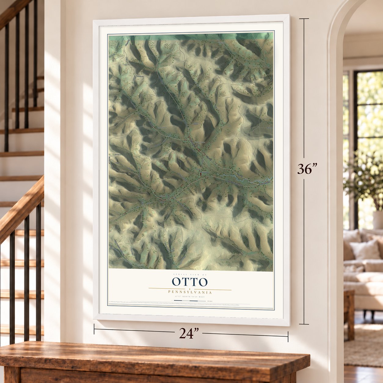 Otto, Pennsylvania map, 24 x 36 inch print in a white frame by a staircase