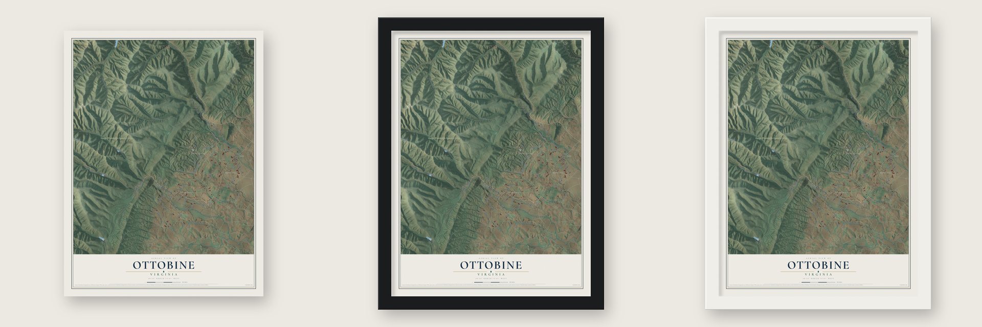 Ottobine, Virginia map unframed, in a black wood frame and in a white wood frame