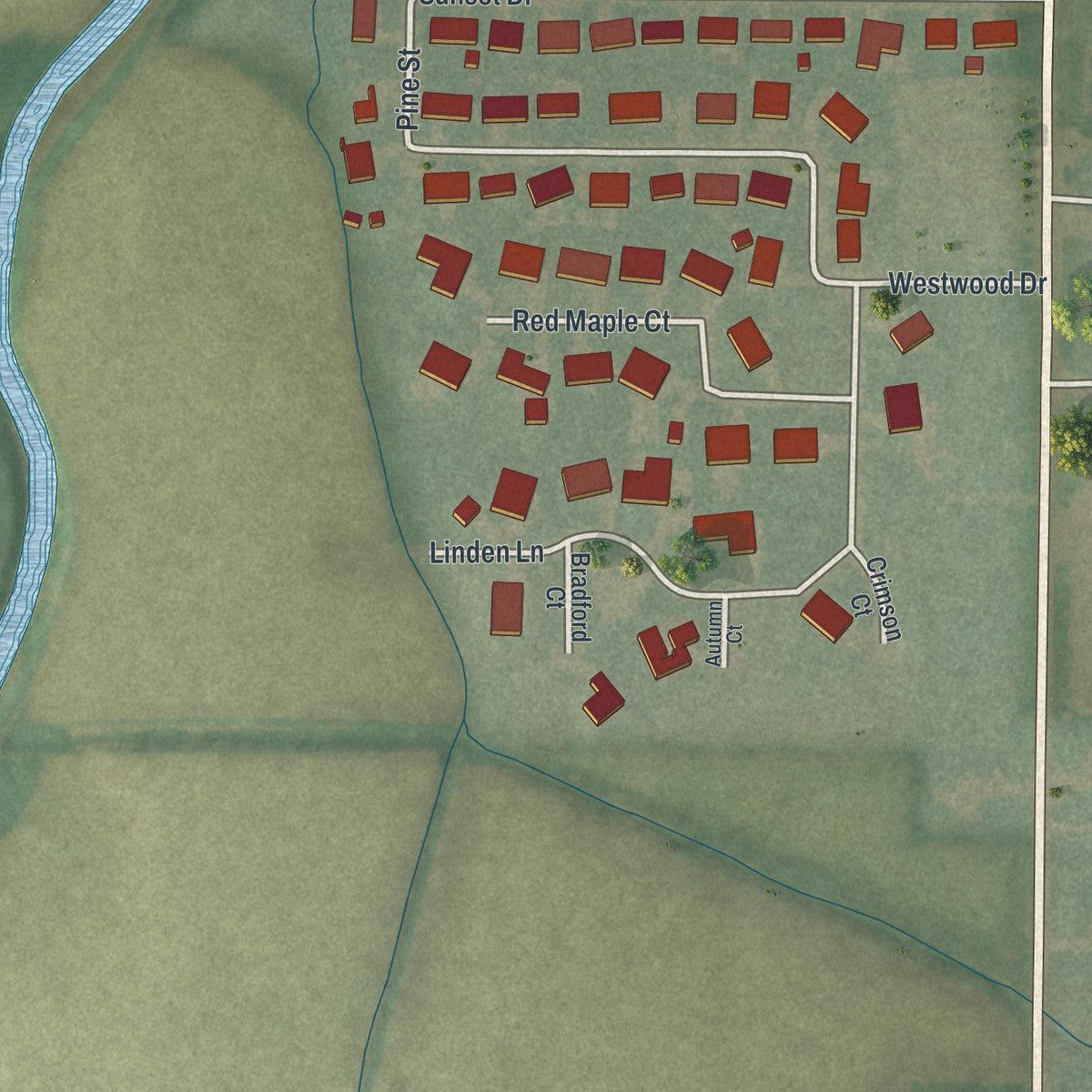 Second close-up of the map of Ottoville, Ohio print showing more streets and buildings