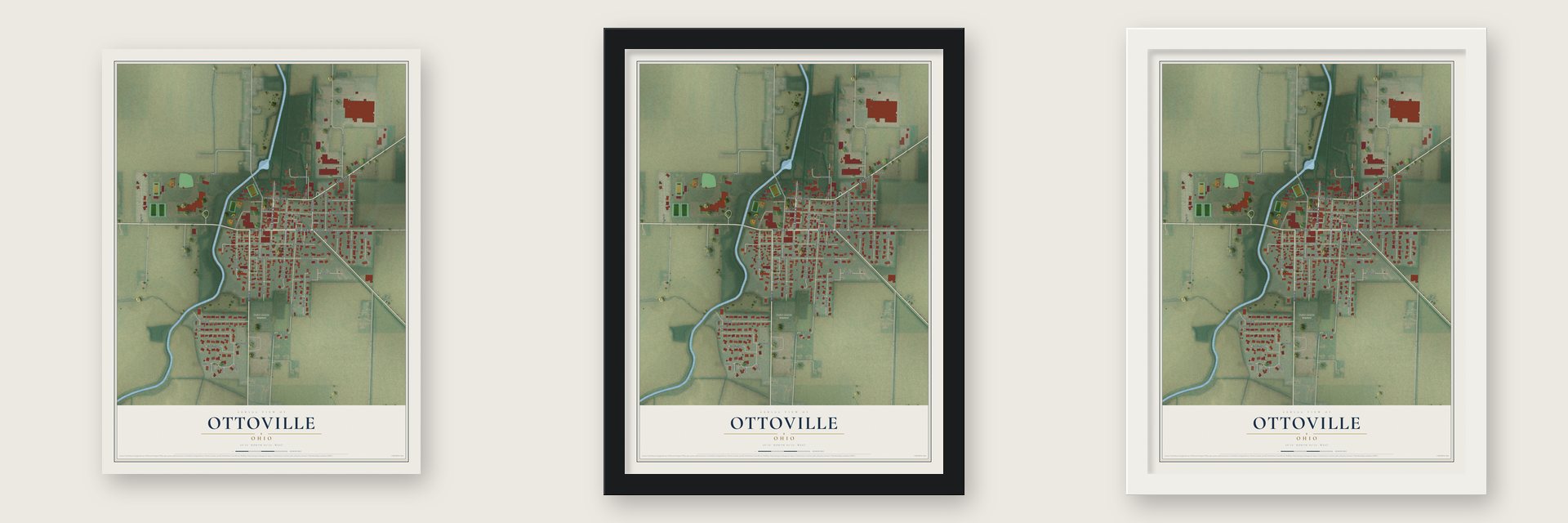 Ottoville, Ohio map unframed, in a black wood frame and in a white wood frame