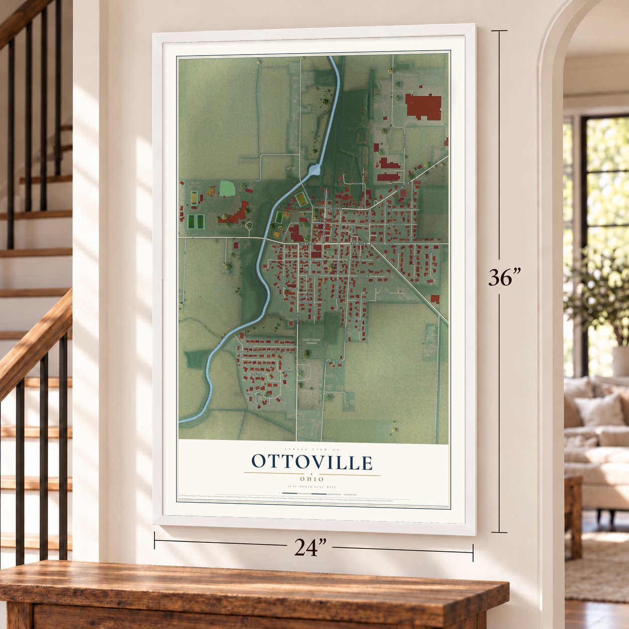 Ottoville, Ohio map, 24 x 36 inch print in a white frame by a staircase