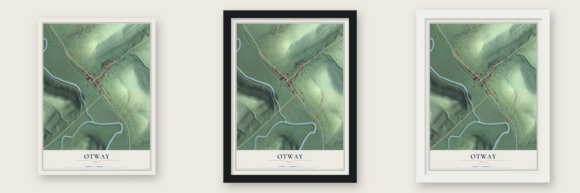 Otway, Ohio map unframed, in a black wood frame and in a white wood frame