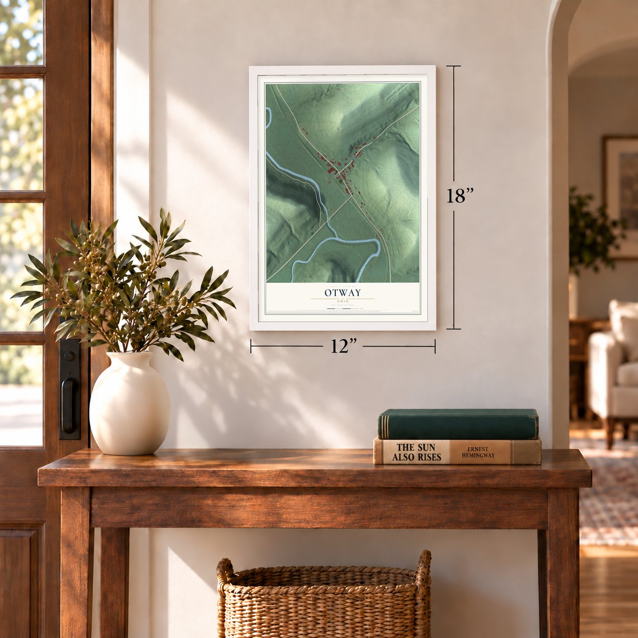 Otway, Ohio map, 12 x 18 inch print in a white frame in an entryway