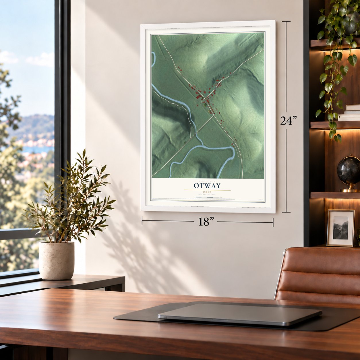 Otway, Ohio map, 18 x 24 inch print in a white frame in a home office