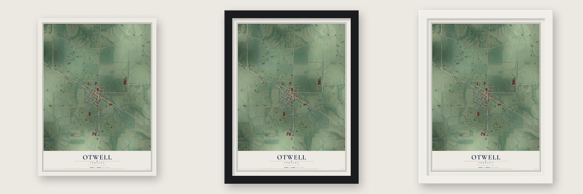 Otwell, Indiana map unframed, in a black wood frame and in a white wood frame